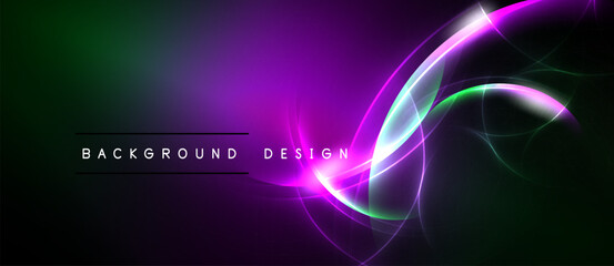 Abstract design features vibrant purple, green glows. Dynamic curves create futuristic feel. Text reads background design.