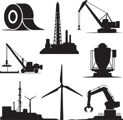 Collection of industrial machinery and equipment silhouettes isolated