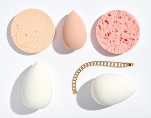 Assortment of makeup applicators and gold chain on white backdrop