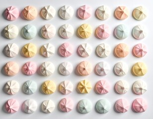 Rows of pastel-colored meringue cookies arranged on a white surface
