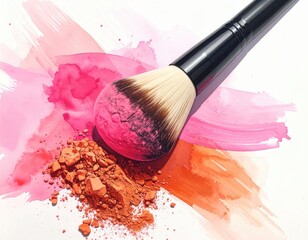 Makeup brush with blush, powder, and watercolor strokes on white