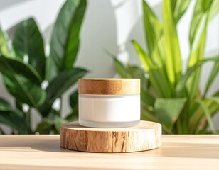 Cream jar on wood pedestal, with green plant backdrop in sunlight
