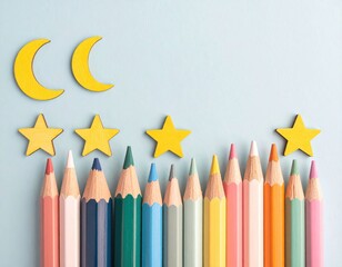 Colored pencils beneath whimsical celestial shapes on a light blue ground