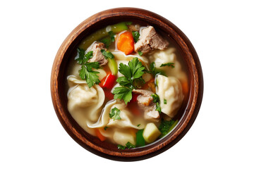 Hot meat pork soup with vegetables and doughboys dumplings in wooden bowl, isolated on white transparent background, concept of New Zealand cuisine