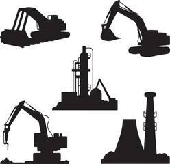 Collection of industrial machinery and factory silhouettes isolated