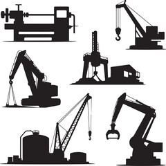 Collection of heavy industrial machinery and equipment silhouettes