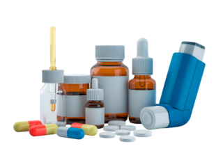 Medical Supplies and Medication Bottles with Inhaler and Pills on White Background for Healthcare Use