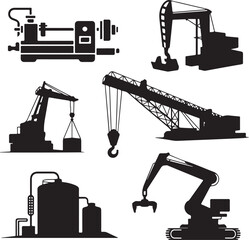 Collection of heavy industrial machinery and equipment silhouettes