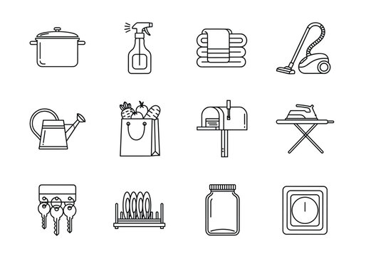 Minimalist black line icon set for home maintenance featuring cleaning tools, laundry, kitchen storage, and domestic chore symbols.