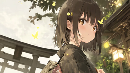 神社で振り返る和服のアニメ風美少女と舞う蝶の幻想的イラスト