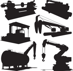 Collection of industrial machinery and equipment silhouettes isolated