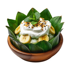 Banana pudding dessert with whipped cream in wooden bowl, styled with green leaves, isolated on white transparent background, concept of Papua New Guinea sweet treat