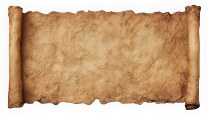 Ancient scroll with textured parchment paper, vintage rolled edges, and weathered appearance, perfect for historical or fantasy themes, evokes nostalgia and mystery