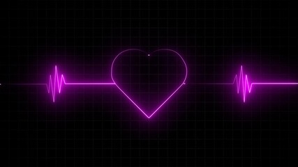 Neon heartbeat line animation with love icon. Heart Line, Heart rhythm, heart beat pulse. Abstract heart beats ,Background heartbeat line neon light heart rate display screen medical, valentine day 