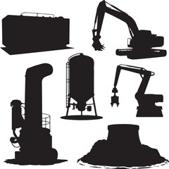 Industrial machinery and equipment silhouettes isolated on transparent background