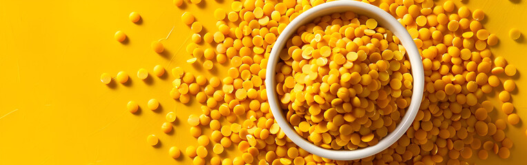 Vibrant yellow lentils in a white bowl on bright background