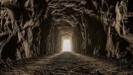Journey through a dark and mysterious rocky cave tunnel towards a bright glowing exit. The light at the end represents hope, discovery, and a new beginning or spiritual path