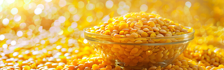 Vibrant yellow lentils in a clear glass bowl on a sunny background