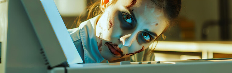 Creepy zombie woman with blood on face staring at computer screen intensely