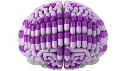 3D illustration of a human brain with purple and light purple capsule pills embedded, symbolizing mental health and pharmaceutical treatment