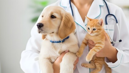 Veterinarian holding adorable puppy and kitten in clinic