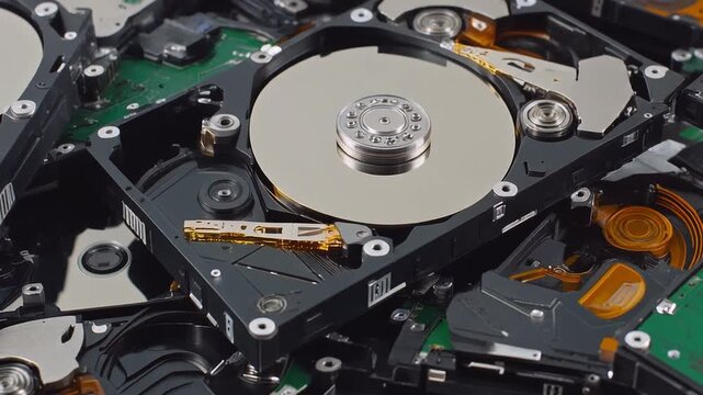 Close-up of open computer hard disk drives, revealing shiny platters and read/write heads, symbolizing digital data storage and complex electronic technology