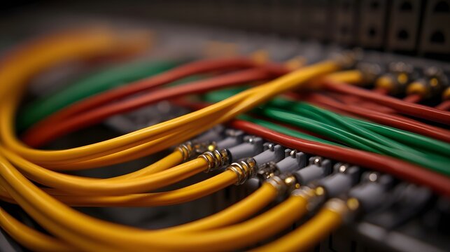 Close up of colorful network cables plugged into a data center rack symbolizing connectivity and technology - Powered by Adobe