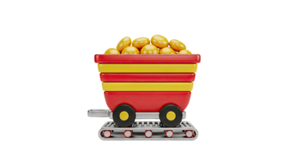 Toy Wagon Filled with Golden Spheres on Conveyor Belt on transparent background