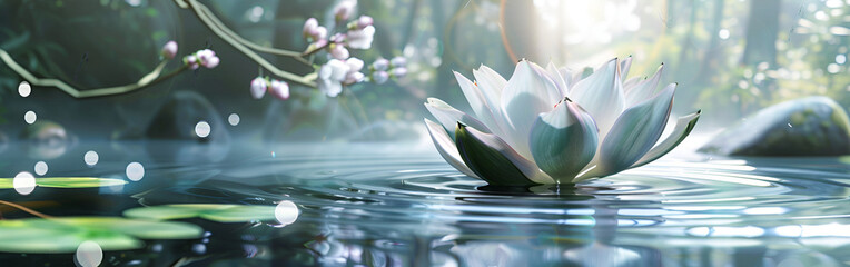 Serene white lotus flower floating on peaceful pond water