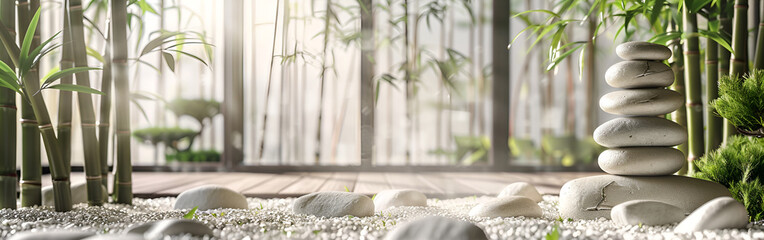 Serene Zen garden with stacked stones and bamboo