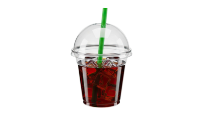 Cold drink in a clear plastic cup with straw and lid on transparent background