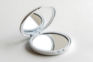 Clean white compact mirror in circular shape isolated against a white backdrop