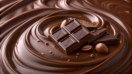 Delicious close-up shot of swirling melted dark chocolate with pieces of chocolate bar and roasted coffee beans, a tempting treat for a sweet indulgence
