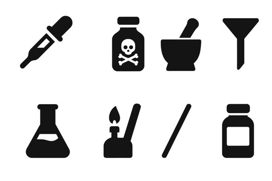 Chemistry Tools Icons. Chemistry tools. Filled icon set of Chemistry tools: dropper, chemical bottle, mortar