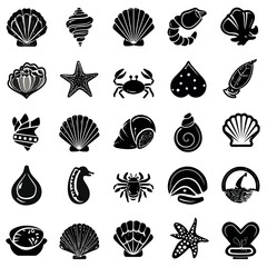 Collection of black and white seashells and marine life illustrations