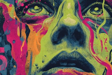 Surreal Distorted Human Face Melting Neon Shapes 70s Psychedelic Art Abstract Portrait