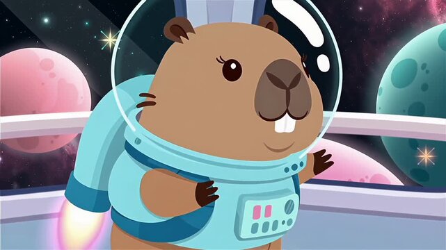 Adorable cartoon capybara astronaut free-flying with a jetpack in a spacecraft.