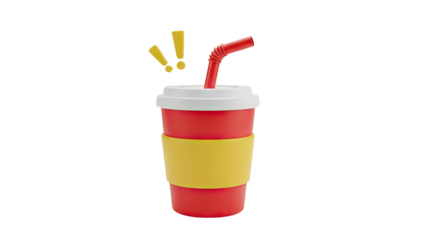 3D Stylized Red Drink Cup with Yellow Sleeve and Straw on transparent background