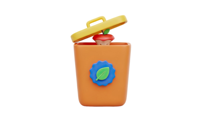 3D Trash Can with Apple and Eco-Friendly Symbol on transparent background