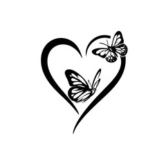 Black heart with butterflies symbolizing love and nature on white