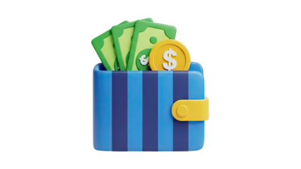 3D Wallet with Money and Coin on transparent background