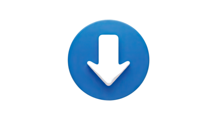Blue circular download icon with a white arrow pointing down on transparent background