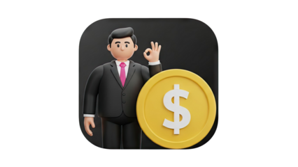 3D Business Man OK Gesture Near Gold Coin Icon on transparent background