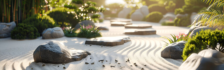 Serene Japanese Zen garden with raked sand and stones