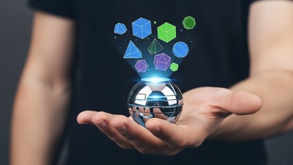 Person holding a digital sphere with shapes.