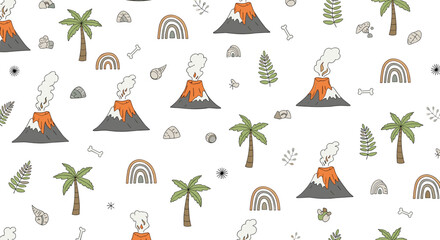 Prehistoric themed pattern for children featuring erupting volcanoes, palm trees, rainbows, shells, and bones in a soft color palette.