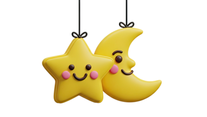 Cute Smiling Star and Moon Characters on transparent background