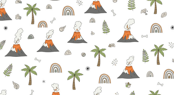 Prehistoric themed pattern for children featuring erupting volcanoes, palm trees, rainbows, shells, and bones in a soft color palette. - Powered by Adobe