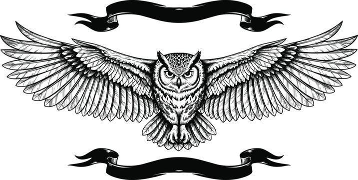 Detailed flying owl vector illustration with wide wingspan and blank heraldic banners for crest design, emblem, tattoo art, and vintage mascot branding.