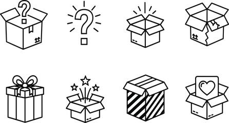 Minimalist black line icon set for unboxing experiences featuring mystery boxes, gift parcels, surprise packages, and e-commerce delivery symbols.